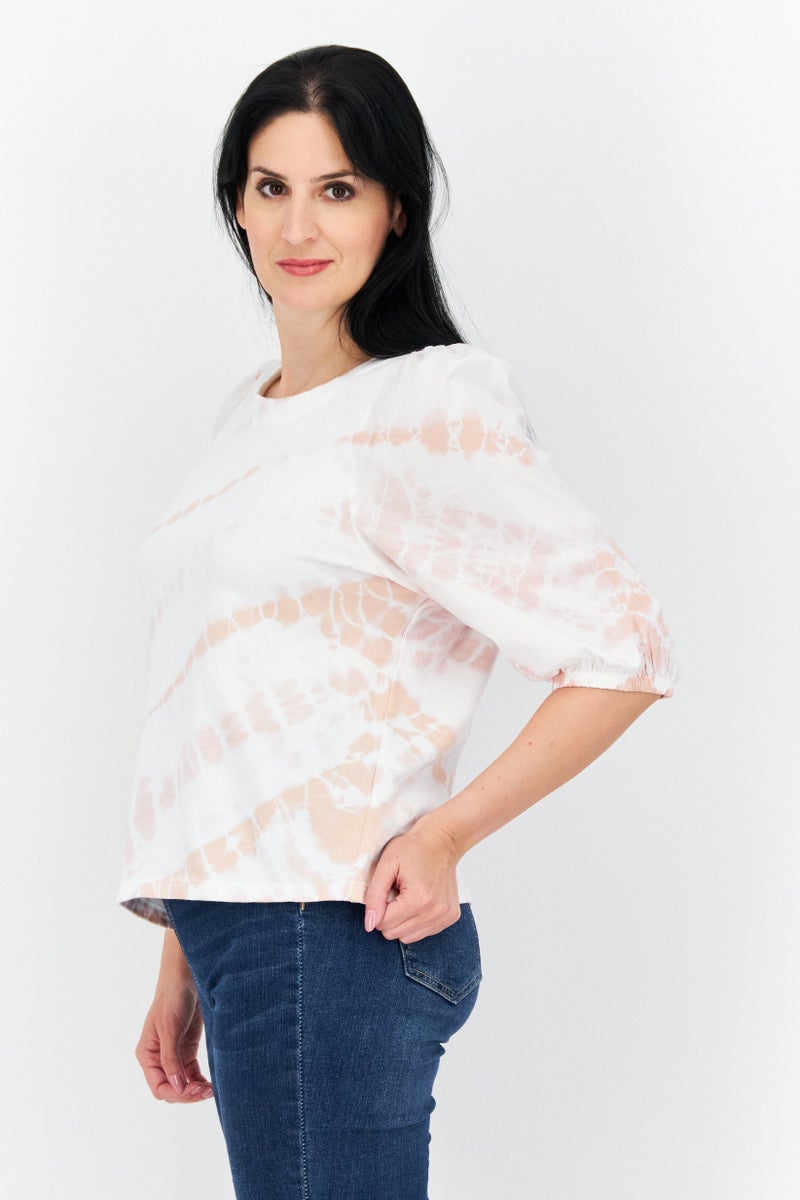 Splendid Women Round Neck Puff Sleeves Ombre Blouse, White Combo - Image 4