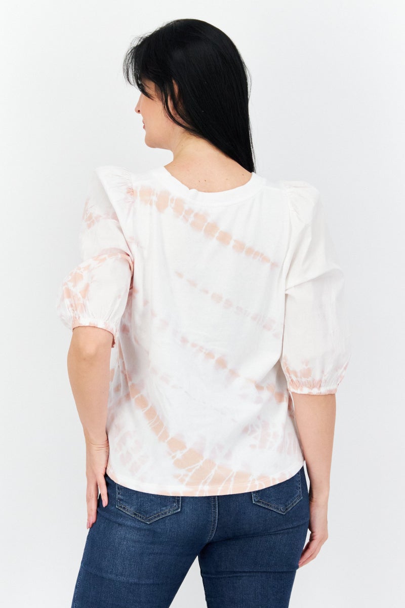 Splendid Women Round Neck Puff Sleeves Ombre Blouse, White Combo - Image 3
