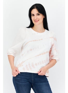 Splendid Women Round Neck Puff Sleeves Ombre Blouse, White Combo  - Image 1