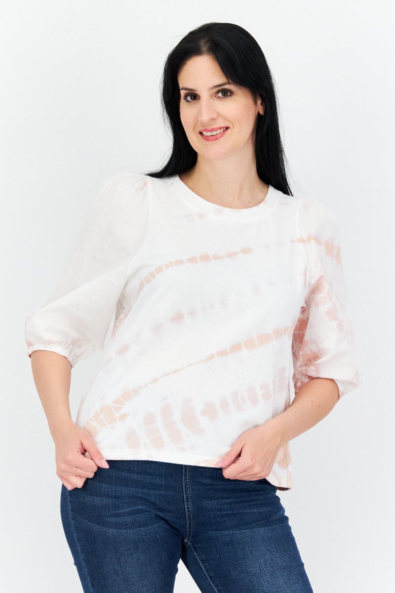 Splendid Women Round Neck Puff Sleeves Ombre Blouse, White Combo - Image 1