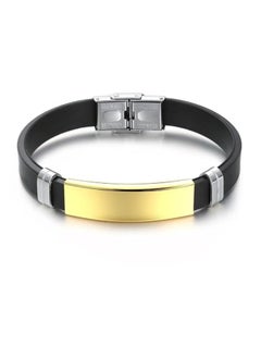 MARIO DRAFTS Men's Silicone Bracelet with Gold-Tone ID Plate, Black and Silver Clasp  - Image 1