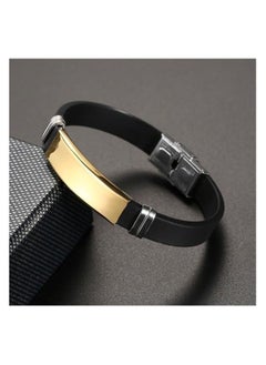 MARIO DRAFTS Men's Silicone Bracelet with Gold-Tone ID Plate, Black and Silver Clasp  - Image 4