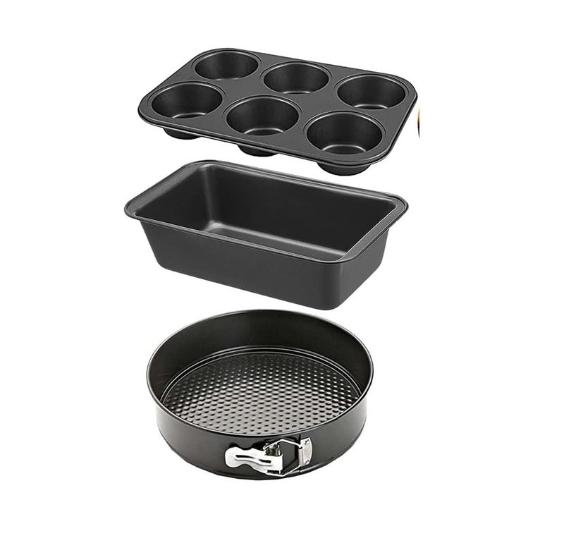 Xacton Cake Mould Combo I Round Shape Cake Mould,Bread Loaf Pan, and 6 Slot Cup Cake Muffin Tray I Cake Baking and Decoration Tools I Can be Used Microwave Oven OTG, Cooker - Black, Carbon Steel - Image 1