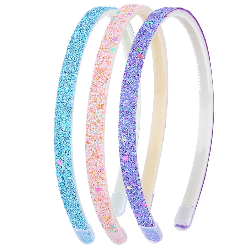WLLHYF Glitter Headband, Plastic Cute Sparkly Non Slip Head Bands with Teeth, Colorful Confetti Rainbow Bling Sweet Hard Hairbands, Little Girl Hair Accessories (3, Pink + Blue + Purple) - Image 1