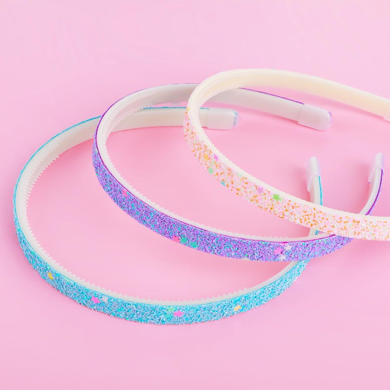 WLLHYF Glitter Headband, Plastic Cute Sparkly Non Slip Head Bands with Teeth, Colorful Confetti Rainbow Bling Sweet Hard Hairbands, Little Girl Hair Accessories (3, Pink + Blue + Purple) - Image 3