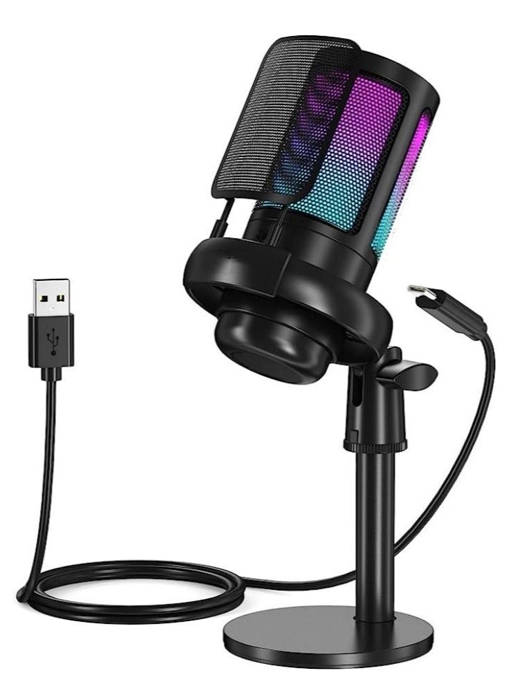 M MIAOYAN USB Microphone for PC, RGB Gaming Microphone with Mute Button, Condenser Microphone with Gain Button and Control Jack for Recording, Streaming, Podcasting, Black  - Image 2