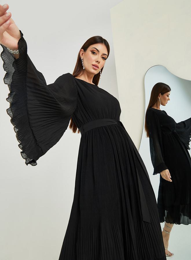 ستايلي فستان ميدي بكسرات وأكمام فلوت بتصميم - - Image 3