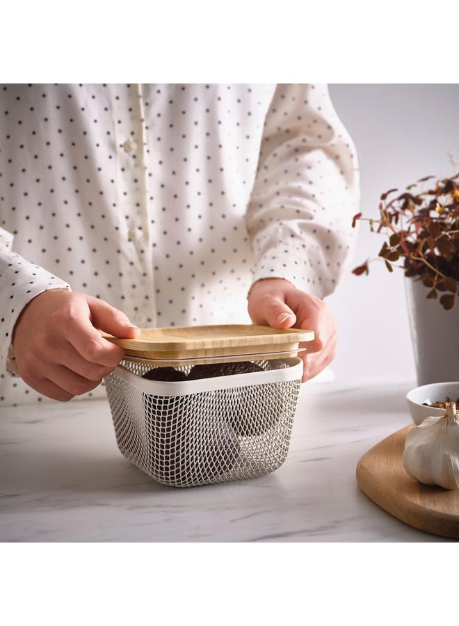 erorex Food Storage Basket With Lid, Square Metal/White Bamboo, 15X15X11 Cm - Image 2