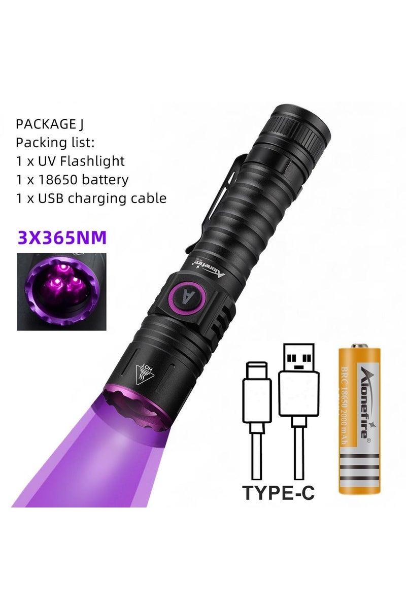 18650 black 3x365nm 15W UV 365nm High power Blacklight USB Flashlight Invisible Ink Marker Cat Dog U