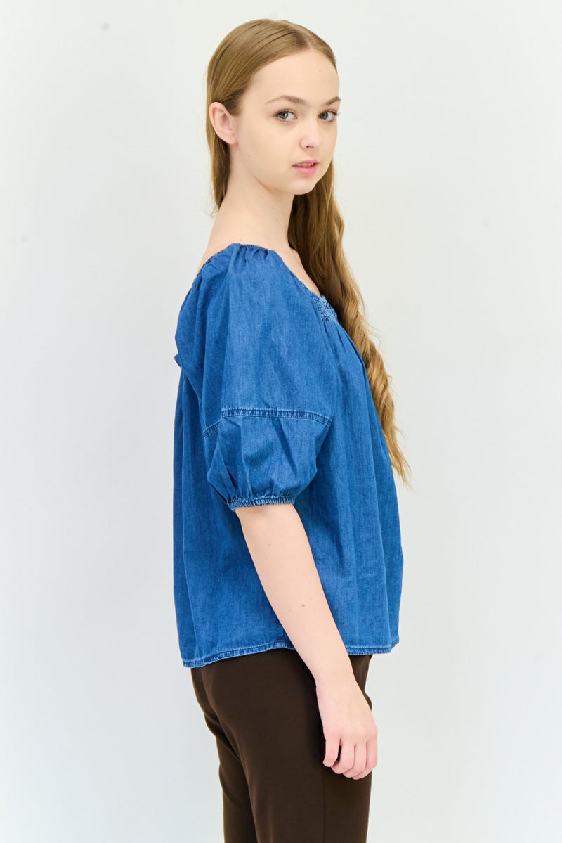 GAP بلوزة نسائية بأكمام منتفخة وفتحة عنق مربعة، زرقاء - Image 2