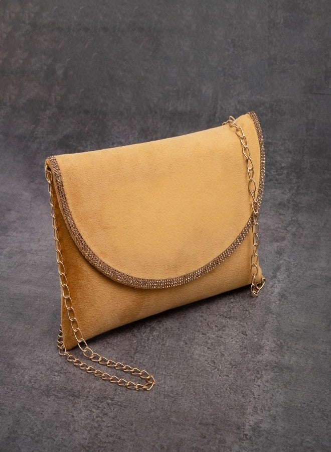 AVIRATH ENTERPRISE Golden Velvet Envelope Clutch Purse with Rhinestone Trim and Chain Strap, Crossbody Evening Bag for Women - Image 3