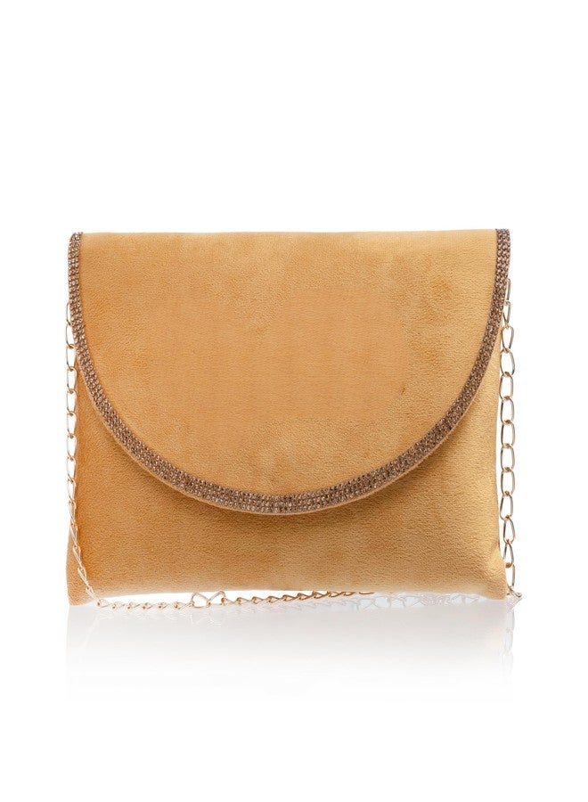 AVIRATH ENTERPRISE Golden Velvet Envelope Clutch Purse with Rhinestone Trim and Chain Strap, Crossbody Evening Bag for Women - Image 1