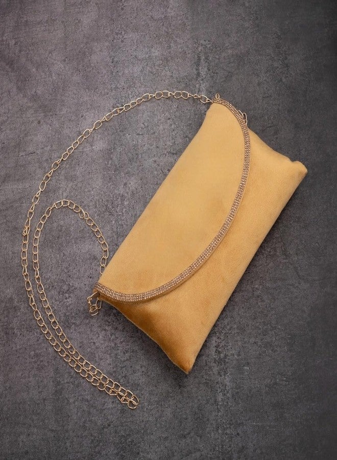 AVIRATH ENTERPRISE Golden Velvet Envelope Clutch Purse with Rhinestone Trim and Chain Strap, Crossbody Evening Bag for Women - Image 5