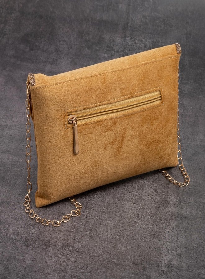 AVIRATH ENTERPRISE Golden Velvet Envelope Clutch Purse with Rhinestone Trim and Chain Strap, Crossbody Evening Bag for Women - Image 4