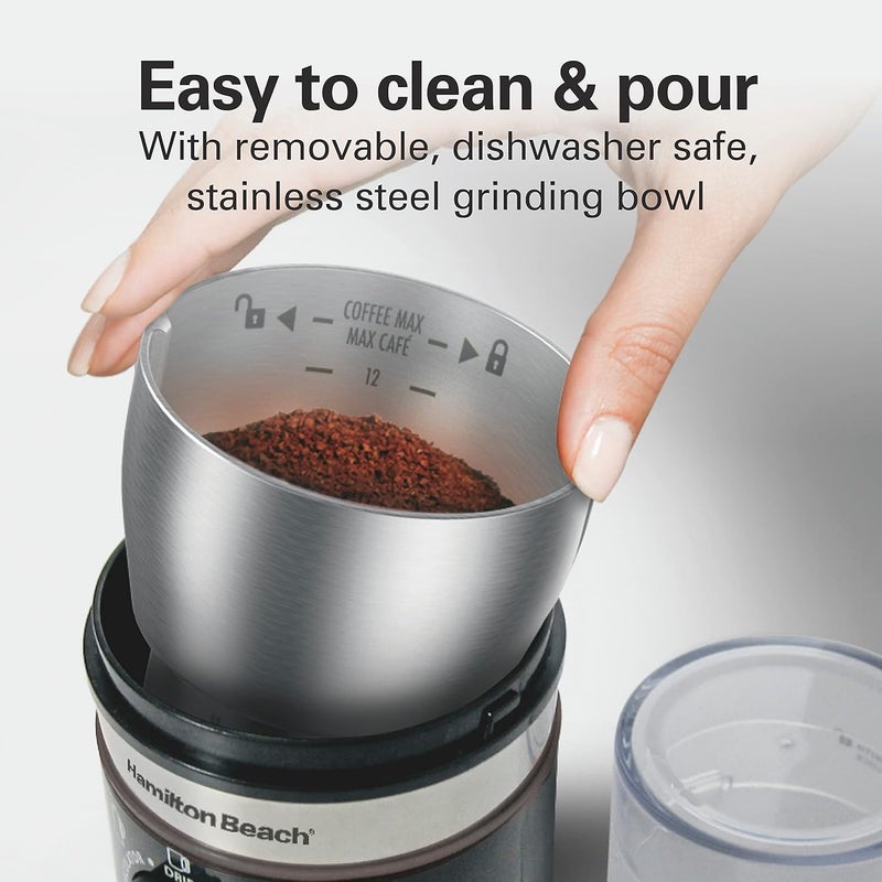 Hamilton Beach Custom Grind™ Coffee Grinder for beans/spices, 5 size settings-coarse to fine, capacity for 4 to 14 cups coffee, stainless steel bowl for easy pour and cleaning, 80393R-ME - Image 2