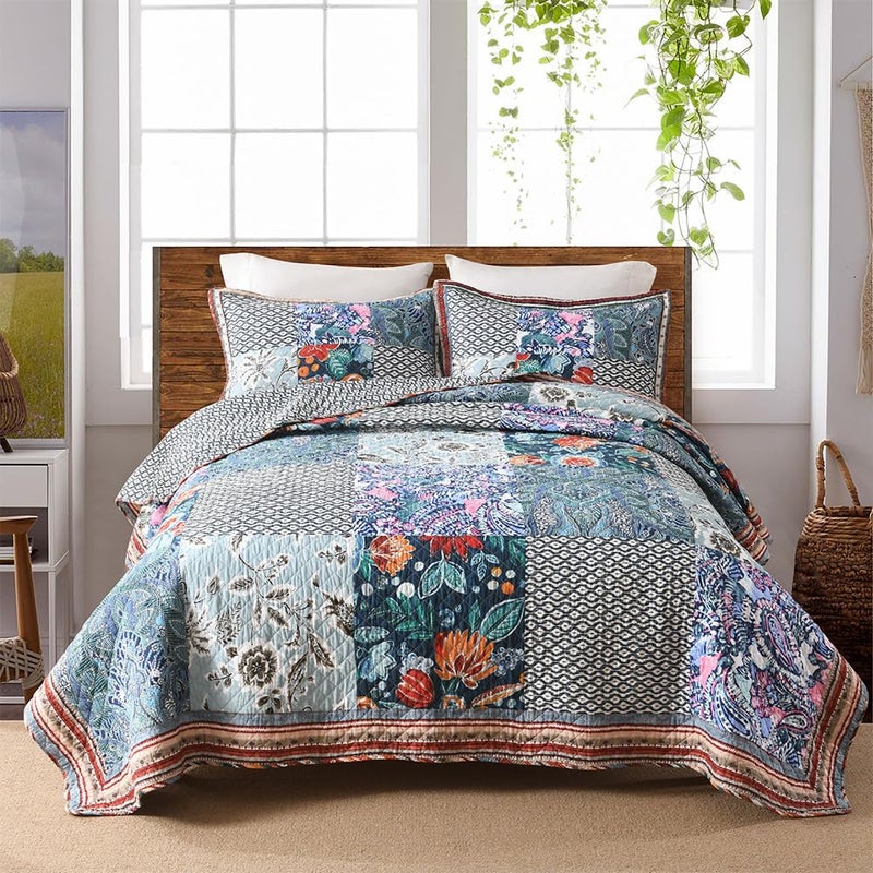 VISIMISI Cotton Bedspread Quilt Bedding Sets Reversible Coverlet Sets 3 Pieces Vintage Floral Blue Teal Patchwork Bedspread, King Size - Image 2