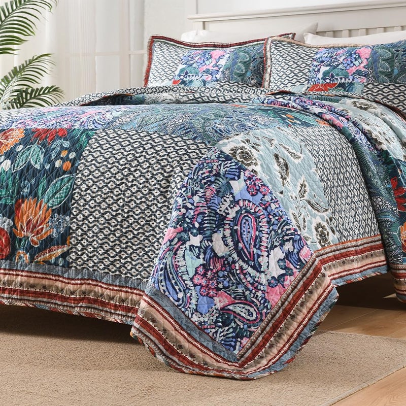 VISIMISI Cotton Bedspread Quilt Bedding Sets Reversible Coverlet Sets 3 Pieces Vintage Floral Blue Teal Patchwork Bedspread, King Size - Image 3