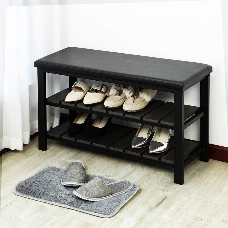 Finnhomy 3-Tier Shoe Rack Bench Cushion. Holds Up to 400 lb Rack, for Entryway, Bedroom, Hallway, Accent Furniturn, Elegant Black Wood - Image 2