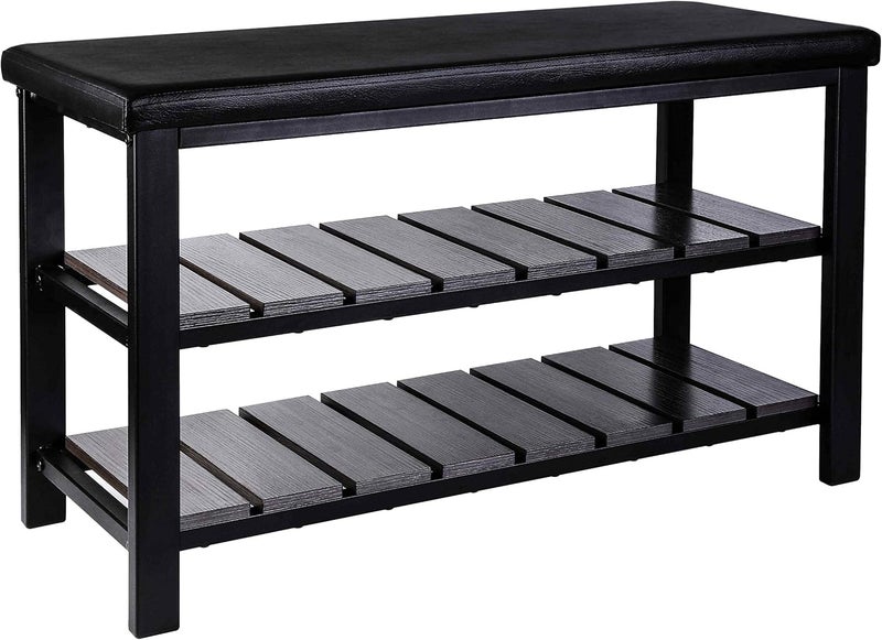 Finnhomy 3-Tier Shoe Rack Bench Cushion. Holds Up to 400 lb Rack, for Entryway, Bedroom, Hallway, Accent Furniturn, Elegant Black Wood - Image 1