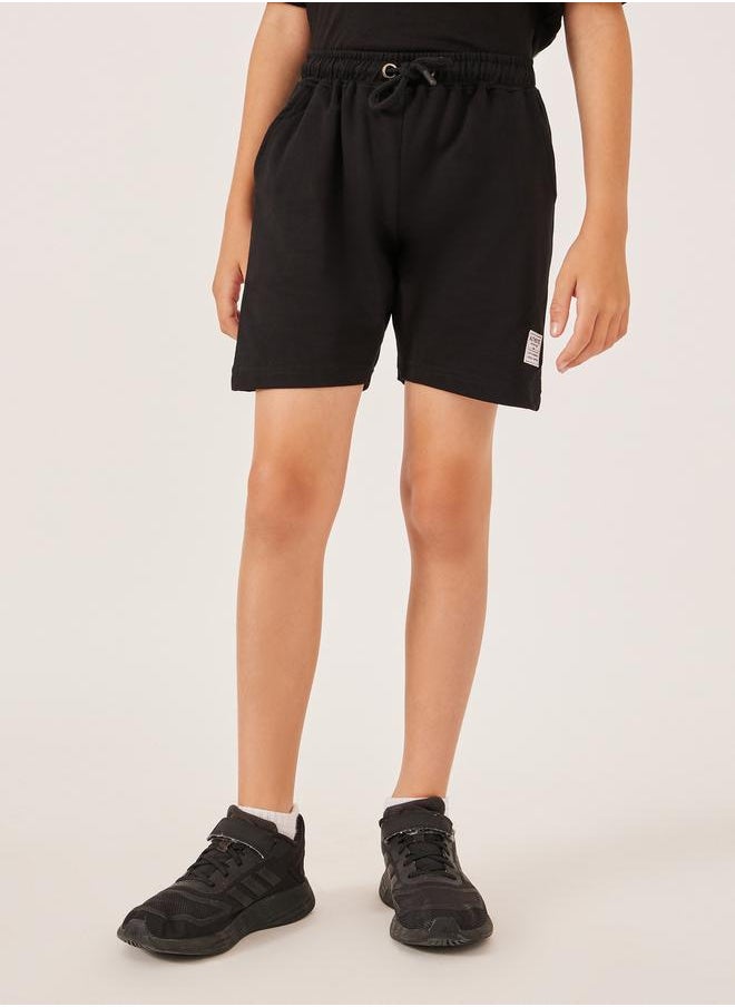 Styli Solid Drawstring Waist Shorts with Badge Detail  - Image 1