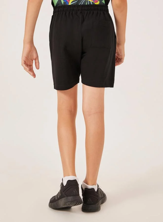Styli Solid Drawstring Waist Shorts with Badge Detail