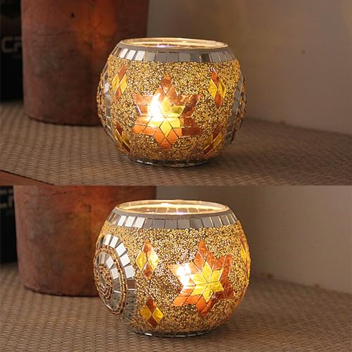 MIATTCLD Mosaic Glass Tea Light Holders Romantic Stained Votive Candle Holder, MIATTCLD Round Handmade Tealight Candle Holder for Table Centerpieces, Christmas, Valentine, Birthday Party, Home Decor (H) - Image 2