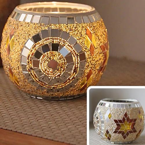 MIATTCLD Mosaic Glass Tea Light Holders Romantic Stained Votive Candle Holder, MIATTCLD Round Handmade Tealight Candle Holder for Table Centerpieces, Christmas, Valentine, Birthday Party, Home Decor (H) - Image 4