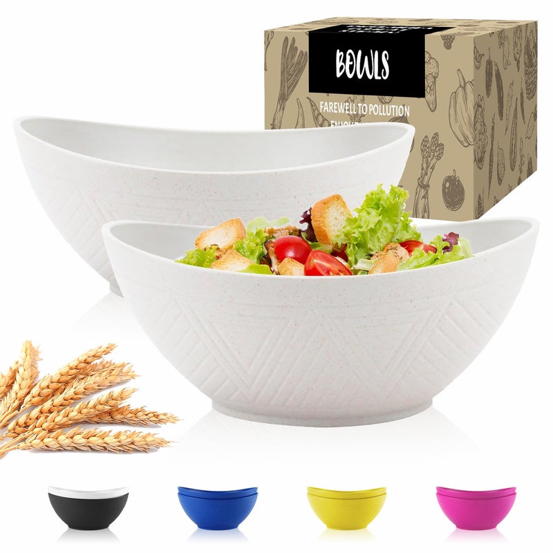 Wrova Wheat Straw Bowls Set of 2 with Textured Pattern,Unbreakable Large Salad Bowls,Plastic Bowls Dishwasher & Microwave,Sturdy and Stackable Kitchen Bowl Sets for Serving,Oatmeal.White - Image 1