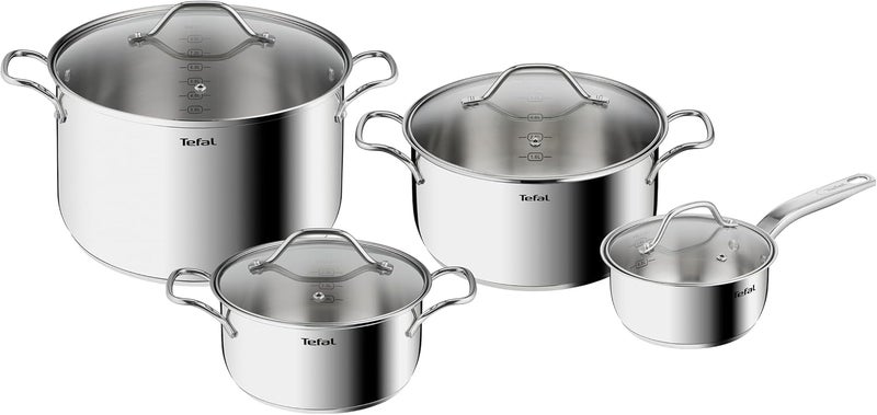 T-fal TEFAL Intuition 8 pc set | saucepan 16 cm+lid, stewpots 20/24+lids, stockpot 28 cm+lid | Premium Stainless steel 18/10 | Measuring marks | Glass lid | Induction | Stewing, Boiling | Recipe | B864S874 - Image 1