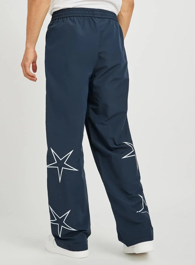 Styli Styli Star Printed Oversized Open Hem Joggers with Piping Detail