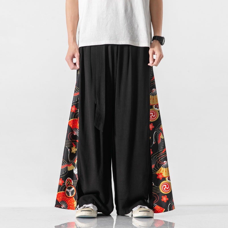 Chinese Style Cotton Linen Crane Printed Wide-legged Pants Mens Hanfu Tang Suit Ancient Costume Performance Costume Antique Fairy Elegant Culottes Black fan