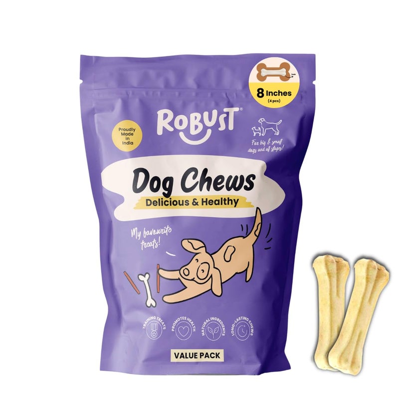 ROBUST Long Lasting All-Natural Dog Chew Bones - 8 inches (4 Units) | Premium Compressed Rawhide Chews for Small, Medium & Large Dogs | Healthy & Digestible Rawhide Bones to Improve Oral Health - Image 1
