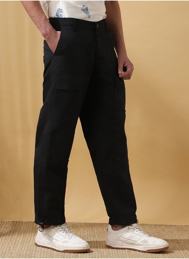 Dennis Lingo Black 100% Nylon Solid Pattern Straight Fit Pants for Men Full Bottom Body Wear Cargo Joggers Button Closure Woven Weave Mid Rise Waist - Perfect for Lifestyle Occasions  - Image 2