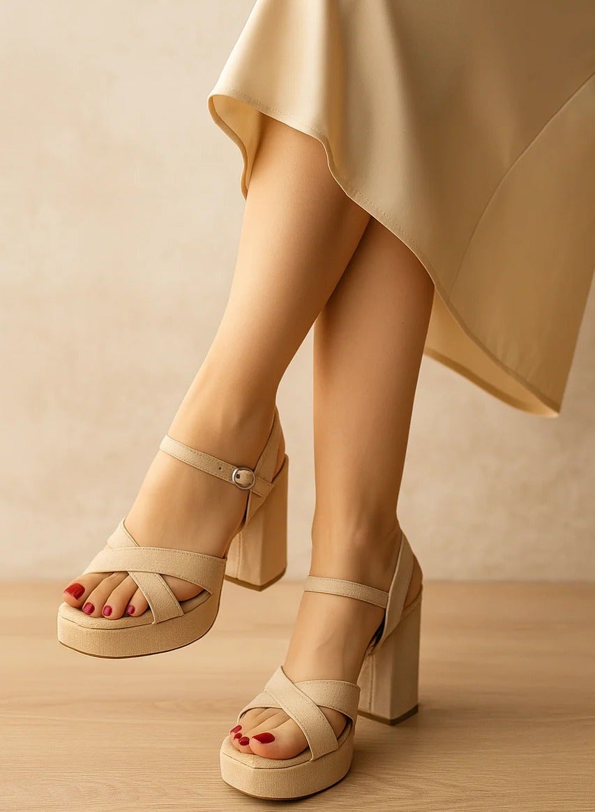 Heel Sandal Bold Suede Block-Heel Sandal C-61-BEIGE
