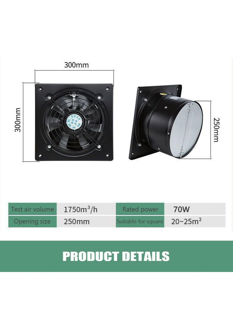 Leon Home 10-inch CR stainless steel metal exhaust fan, 70W ventilation exhaust fan with an airflow rate of up to 1750 m³/h, High-speed ventilation fan, industrial exhaust fan, optimal performance for spaces of 20-25 square meters, smoke exhaust suitable for kitchens, bathrooms, laundry rooms, garages, hospitals, clinics, basements, gyms, large warehouses, restaurants, and libraries. Black, with return air damper (30x30x25 cm). - Image 3