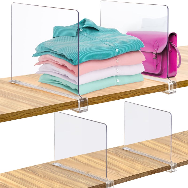 Consevisen Consevisen Shelf Dividers for Closet Organization and Storage 4 Pack Acrylic Clear Closet Shelf Dividers for Wood Shelves Vertical Sweater Handbag Purse Organizer for Bedroom Kitchen Office 