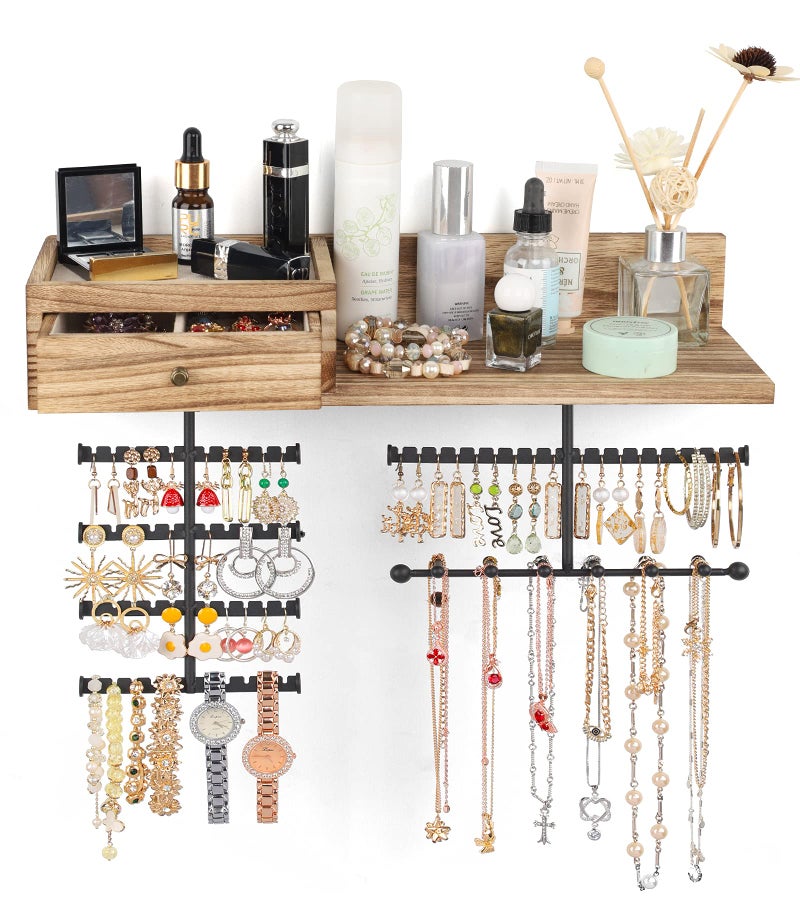 VINAEMO Jewelry Organizer Hanging Wall Mounted Jewelry Holder with Rustic Wood Drawer & Large Capacity Storage Shelf Rack Display for Earrings Rings Necklaces Bracelet - Image 1