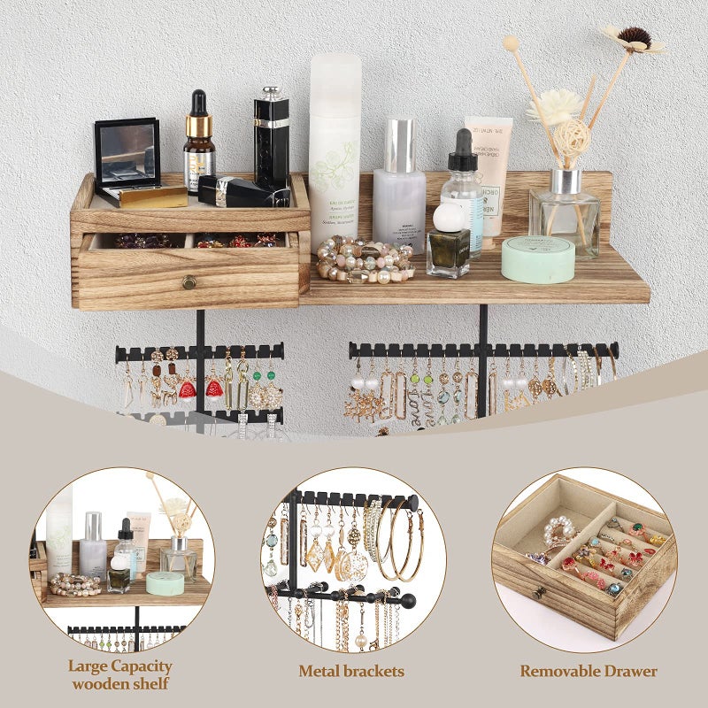 VINAEMO Jewelry Organizer Hanging Wall Mounted Jewelry Holder with Rustic Wood Drawer & Large Capacity Storage Shelf Rack Display for Earrings Rings Necklaces Bracelet - Image 3