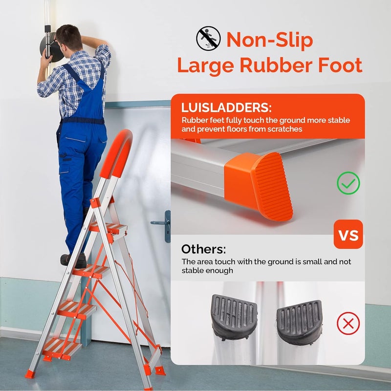 LUISLADDERS Step Ladder 4 Step Lightweight Folding Step Ladder Aluminum Step Stool with Widened Anti-Slip Strip Pedal Convenient Handgrip 350lbs EN131, Multi-use for Household and Office - Image 4