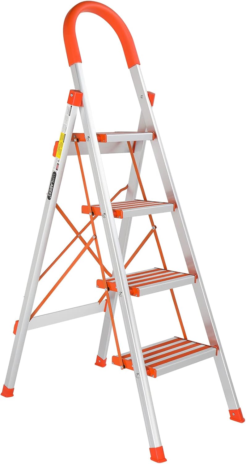 LUISLADDERS Step Ladder 4 Step Lightweight Folding Step Ladder Aluminum Step Stool with Widened Anti-Slip Strip Pedal Convenient Handgrip 350lbs EN131, Multi-use for Household and Office - Image 1