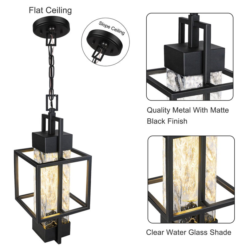 PARTPHONER Motion Sensor 15" Outdoor Pendant Light Exterior Hanging Lantern, Modern Black Metal Outside Chandelier Light Fixture Ceiling Mount with Water Glass for Front Porch Entrance Foyer Entryway - Image 4