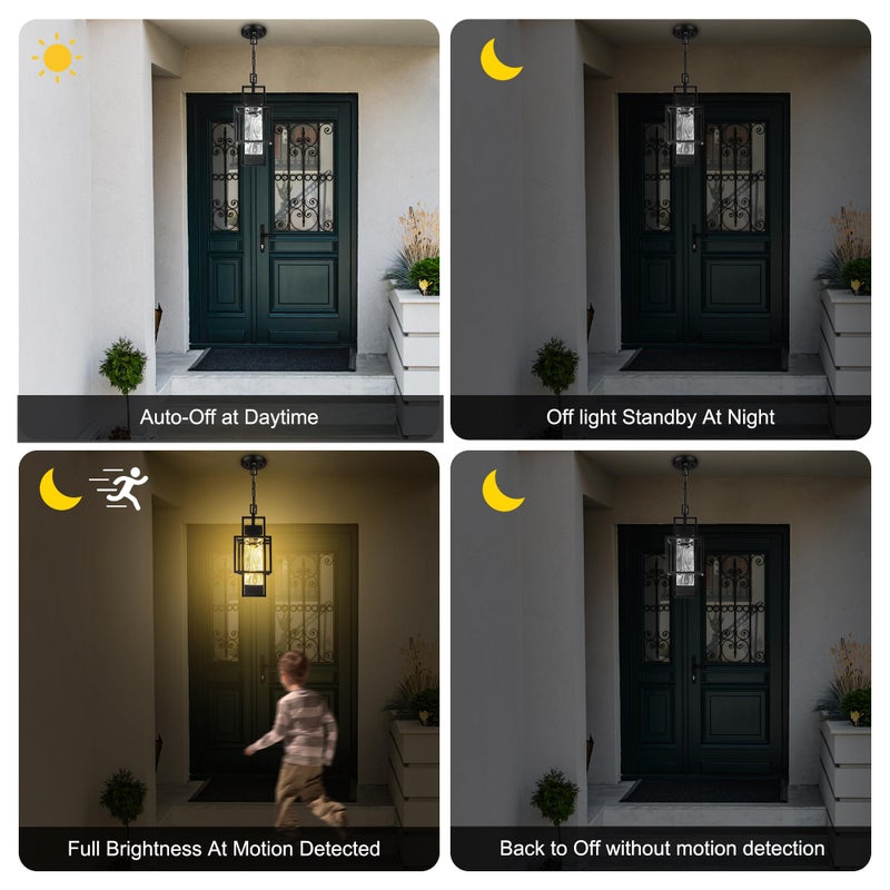 PARTPHONER Motion Sensor 15" Outdoor Pendant Light Exterior Hanging Lantern, Modern Black Metal Outside Chandelier Light Fixture Ceiling Mount with Water Glass for Front Porch Entrance Foyer Entryway - Image 2