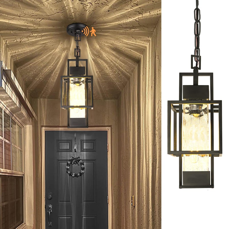 PARTPHONER Motion Sensor 15" Outdoor Pendant Light Exterior Hanging Lantern, Modern Black Metal Outside Chandelier Light Fixture Ceiling Mount with Water Glass for Front Porch Entrance Foyer Entryway - Image 1