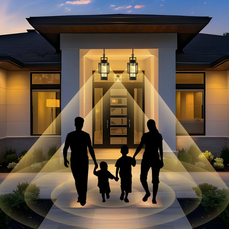 PARTPHONER Motion Sensor 15" Outdoor Pendant Light Exterior Hanging Lantern, Modern Black Metal Outside Chandelier Light Fixture Ceiling Mount with Water Glass for Front Porch Entrance Foyer Entryway - Image 5