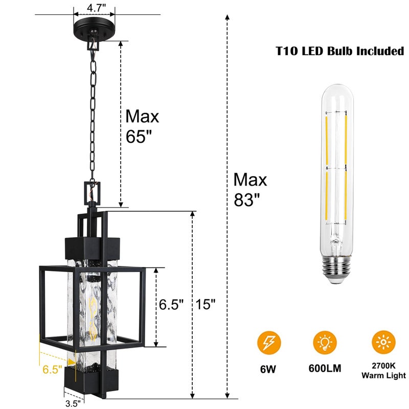PARTPHONER Motion Sensor 15" Outdoor Pendant Light Exterior Hanging Lantern, Modern Black Metal Outside Chandelier Light Fixture Ceiling Mount with Water Glass for Front Porch Entrance Foyer Entryway - Image 3