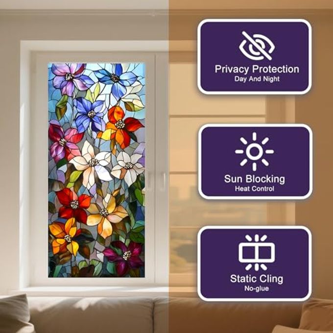 IVN Stained Glass Window Film 17.7x39.3 inch Multicolor Wildflower Design Window Privacy Film Stained Decals Static Cling Sun Blocking Decor for Home Office Glass Panels - Image 2