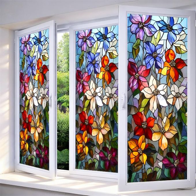 IVN Stained Glass Window Film 17.7x39.3 inch Multicolor Wildflower Design Window Privacy Film Stained Decals Static Cling Sun Blocking Decor for Home Office Glass Panels - Image 1