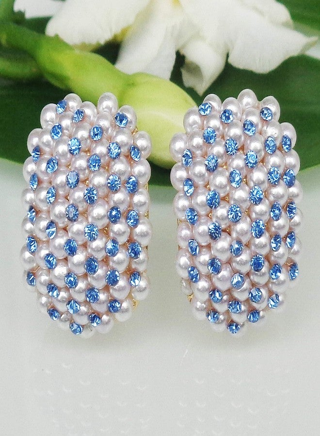 Navachi 18k Gold Plated Blue Crystal Little Pearl Omega Back Az1877e Earrings - Image 4