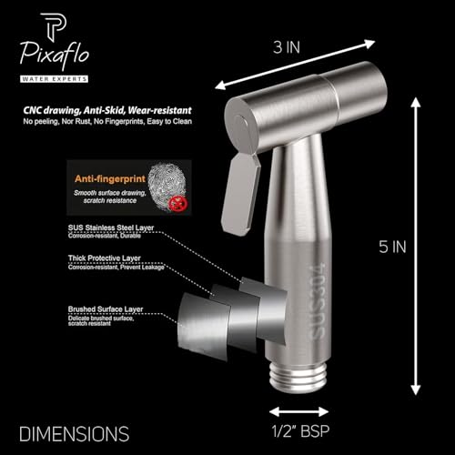 Pixaflo Stainless Steel Health Faucet Set for Bathroom | Heavy Duty Jet Spray with 1.5 Meter Flexible Hose & Wall Hook | Leak Resistant Toilet Spray Gun | Brushed Steel Finish - Image 4