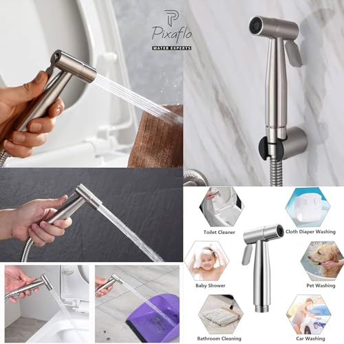 Pixaflo Stainless Steel Health Faucet Set for Bathroom | Heavy Duty Jet Spray with 1.5 Meter Flexible Hose & Wall Hook | Leak Resistant Toilet Spray Gun | Brushed Steel Finish - Image 5